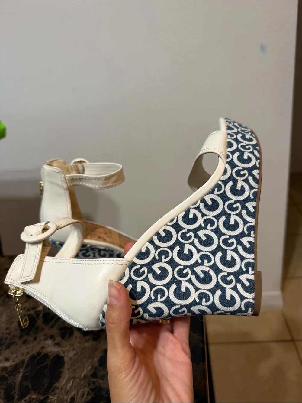 Guess White Ankle-Strap Wedge Sandals with Monogram Blue Platform